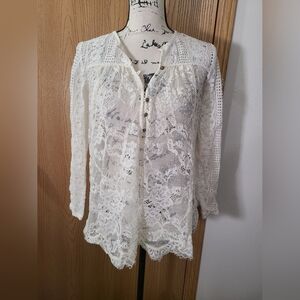 Floreat Anthropologie Boho Vintage Vibe Lace Cottagecore Button Up Peasant Top